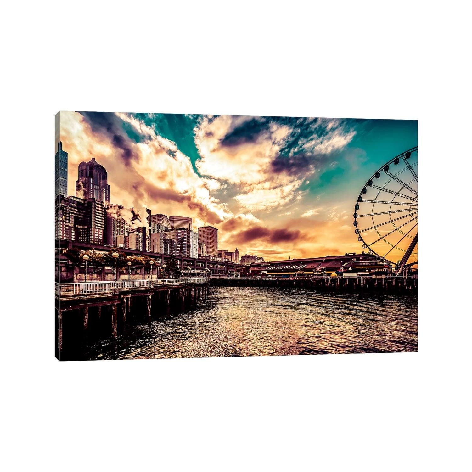 iCanvas "Turquoise Seattle Sunrise Great Wheel Pier 57 Cityscape" by Nature Magick Canvas Print