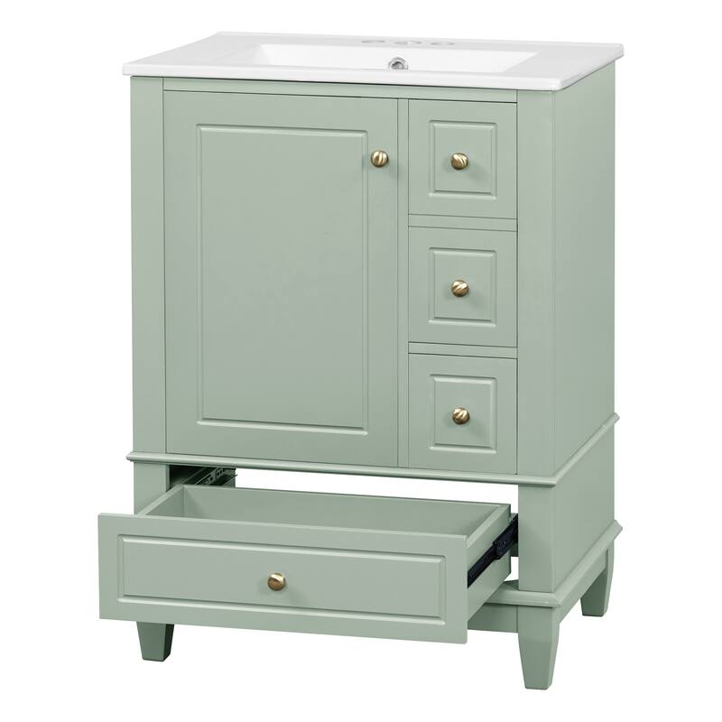 Roomfitters 24" Bathroom Vanity with Sink, Solid Wood Frame, 3 Drawers & Side Cabinet with Door Racks