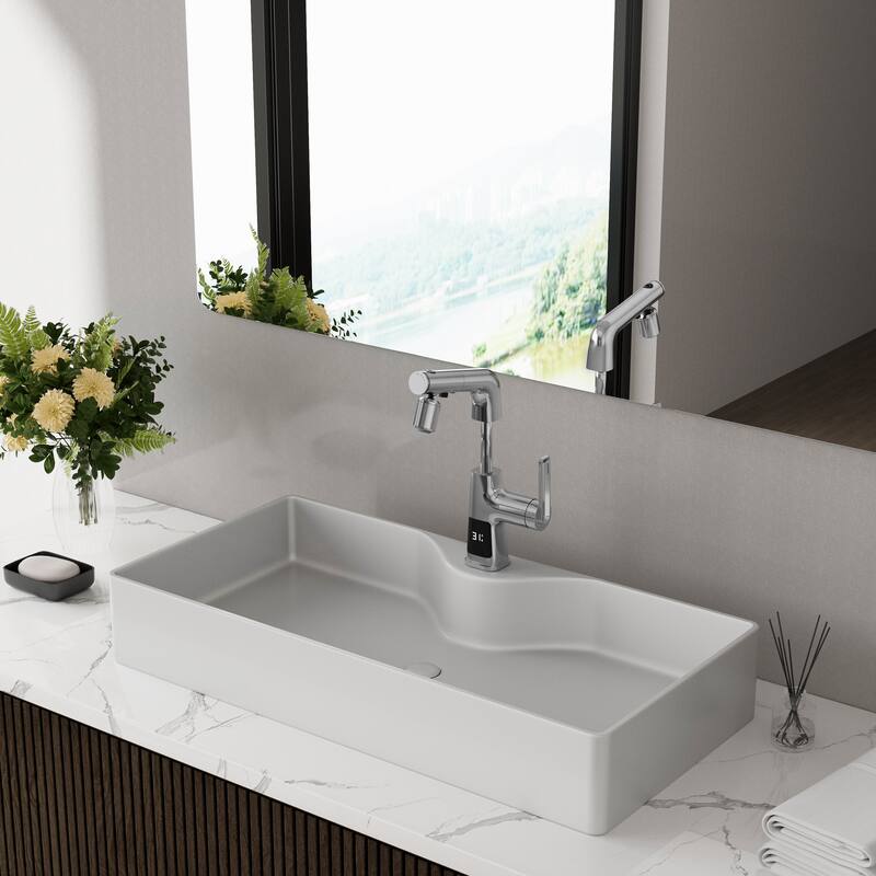 Modland 5-Way LED Bathroom Sink Faucet Single Hole with Pull Out Spray in White/Chrome
