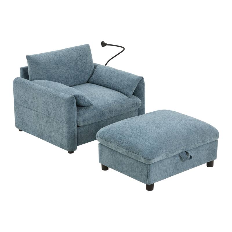 Single Sofa with Storage Ottoman, Lounge Chair with Phone Holder, USB Charger & Side Pockets, Comfy Chenille Reading Armchair