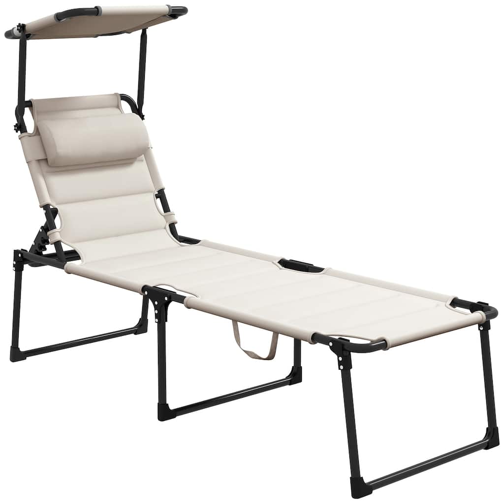 Outdoor Folding Chaise Lounge Chair, Adjustable Sunbathing Lounger with Sun Shade Canopy, Padded Pillow for Beach, Camping