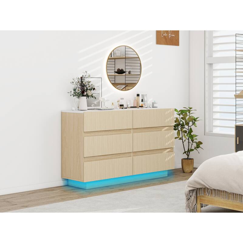 Fluted 6 Drawer Dresser, Double Dresser Chest with LED lights