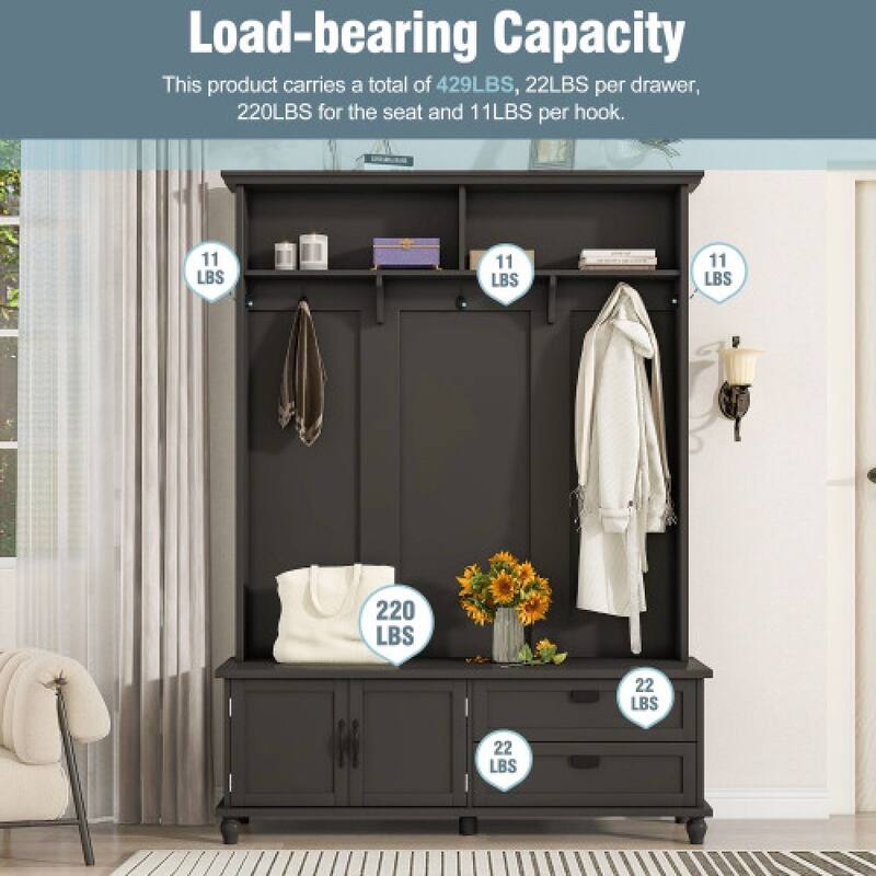 Modern Style Hall Tree With Storage Cabinet Drawers Open Storage Shelves Space Saving