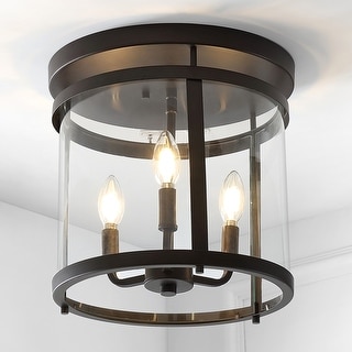Galax Simple Farmhouse 12.5" 3-Light Metal/Glass Rustic Vintage LED Flush Mount, Oil Rubbed Bronze by JONATHAN Y