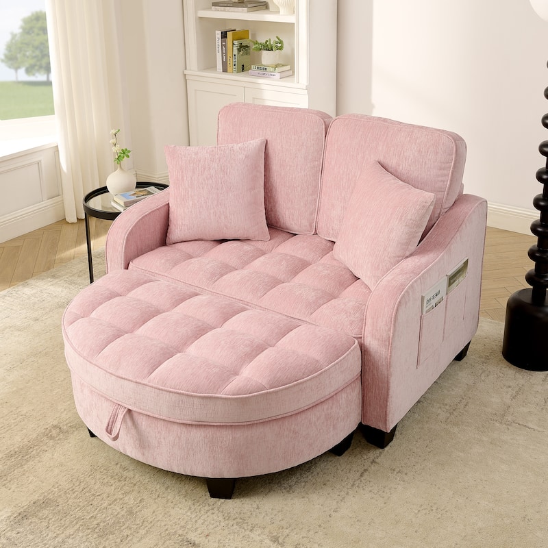 Two-Seater Chaise Longue Sofa with Storage Footrest, Irregular Armrests & Throw Pillows for Living Room & Bedroom - Pink