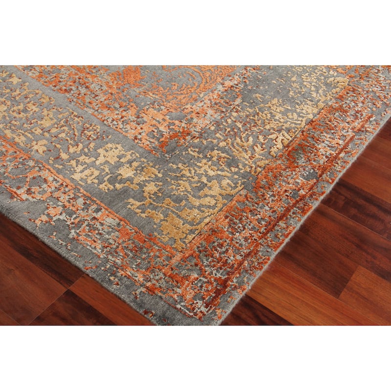 EXQUISITE RUGS Maison Hand-knotted Wool/Bamboo Silk Grey/Orange Area Rug.