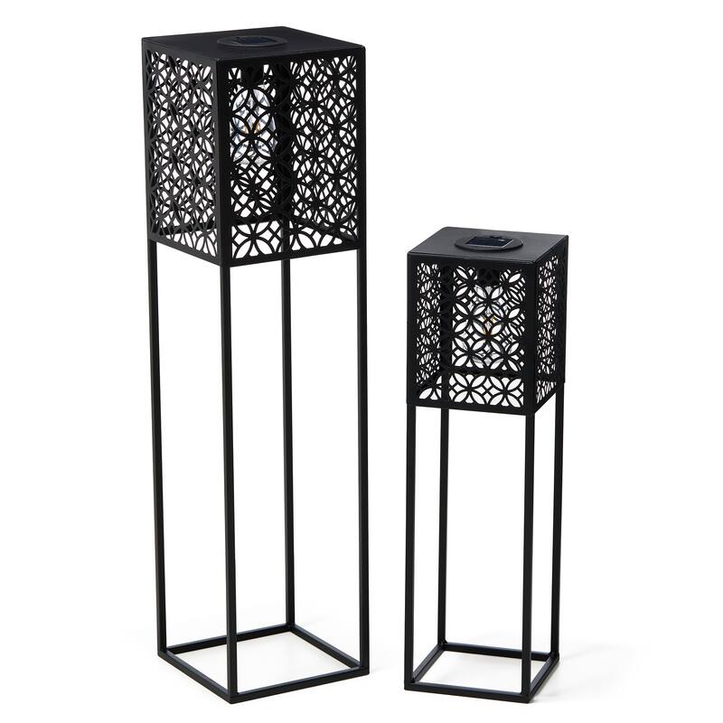Glitzhome Set of 2 Black Metal Cutout Pattern Solar Powered Edison Bulb Outdoor Floor Lantern or Planter Stands