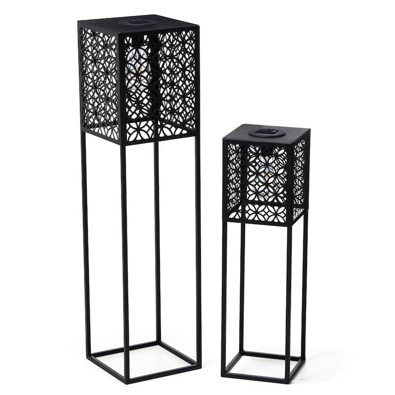 Glitzhome Set of 2 Black Metal Cutout Pattern Solar Powered Edison Bulb Outdoor Floor Lantern or planter stands