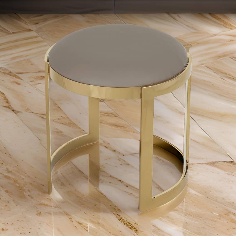 Niyo 19 Inch Ottoman Stool, Round Sand Faux Leather, Stainless Steel, Gold