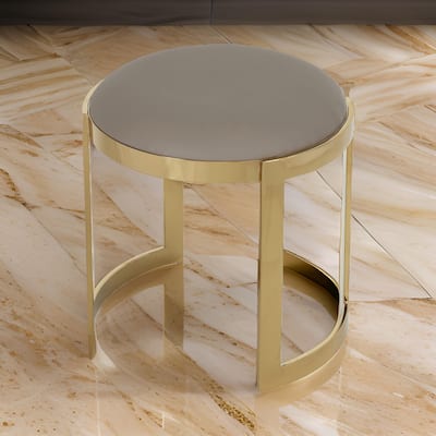 Niyo 19 Inch Ottoman Stool, Round Sand Faux Leather, Stainless Steel, Gold