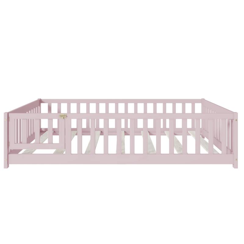 Full Size Rubber Wood Floor Bed with Safety Fence, Pink