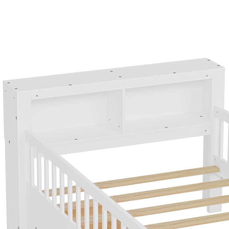 Safe Kids Bed Platform Bed Twin Size Wood Bed Frame with Storage Headboard and 2 Drawers Under, 3-Side Guardrails for Boys Girls