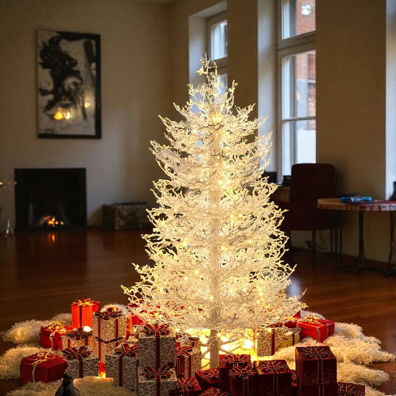 Pre-Lit Aspen Fir Artificial Christmas Tree, 4FT/6FT Hinged Snow Flocked Coral Style with 230/420 LED Lights - 4 Foot