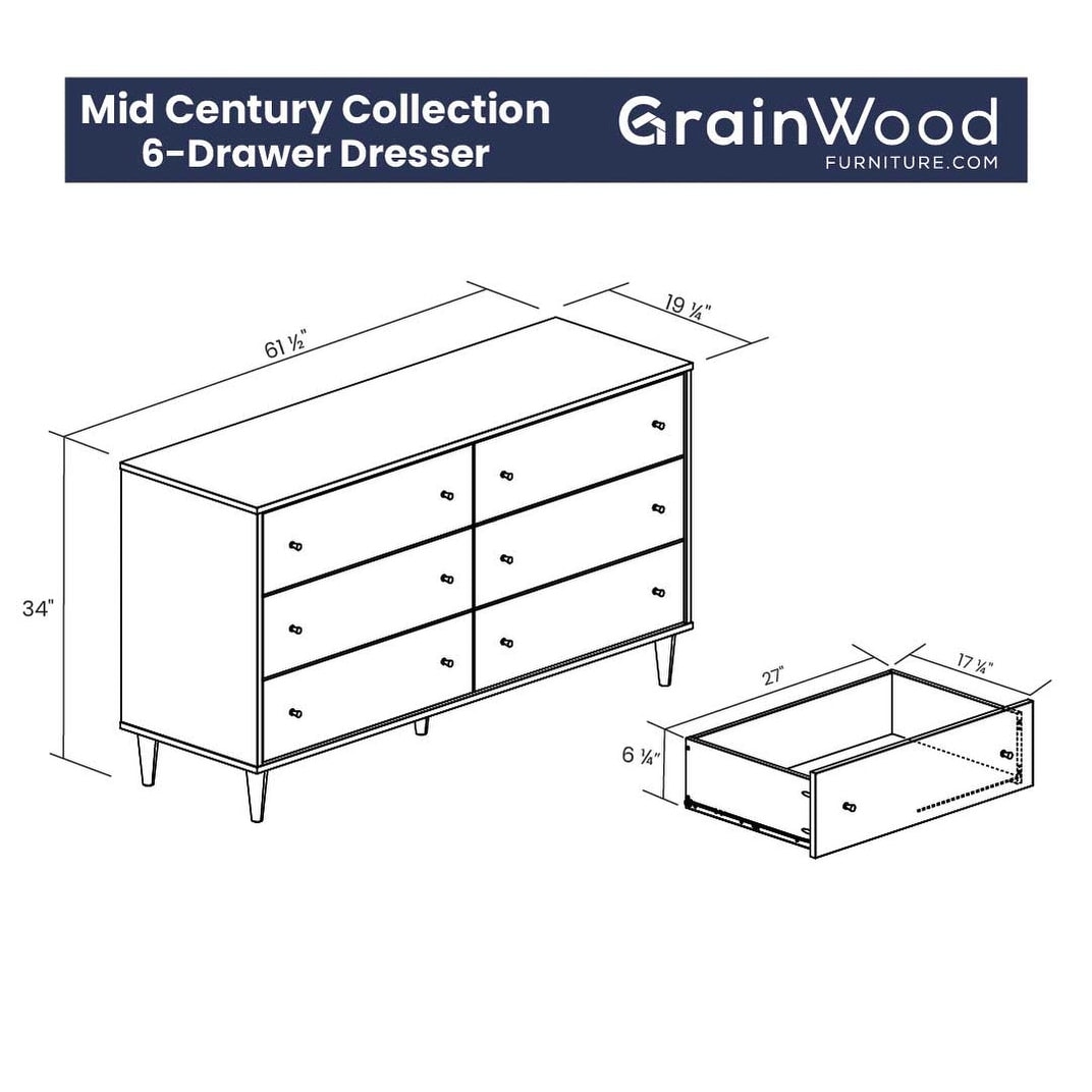 average dresser size Shaker Solid Wood 6-Drawer Grain Wood Furniture Color: Natural No finish on back panel Grain Wood Furniture Mid Century