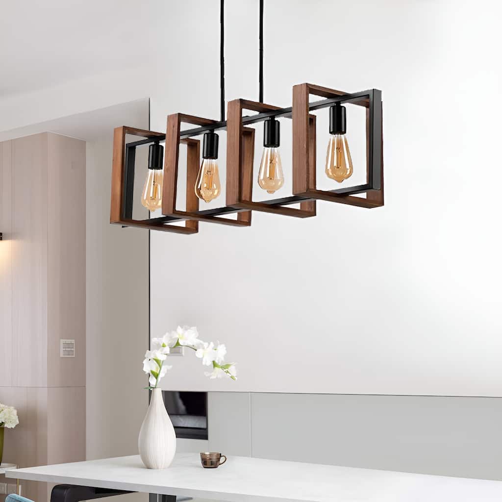 4-Light Black/Brown Kitchen Island Pendant, Modern Rustic Style