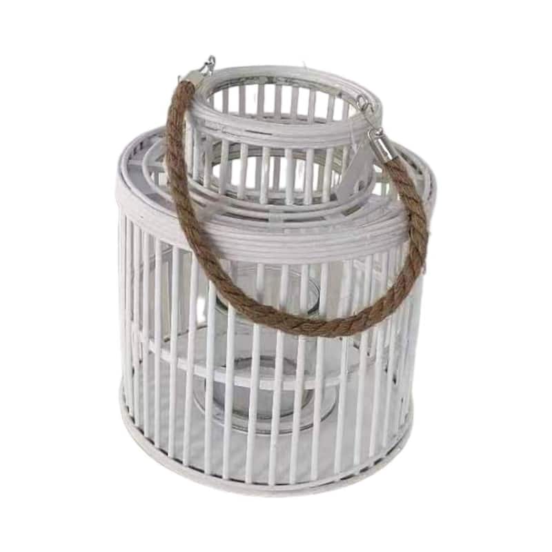 White Wash Wood With Rope Handle Lantern