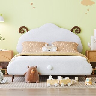 Full Upholstered Bed White Frame Platform Bed wSheep-shaped Headboard