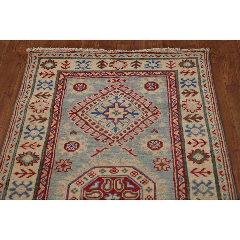 Light Blue Kazak Runner Rug Hand-Knotted Wool Carpet - 2'7" x 15'9"