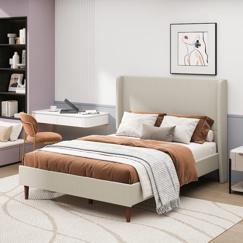 High Headboard Upholstered Platform Bed No Box Spring Needed - Linen Cloth Beige - Queen
