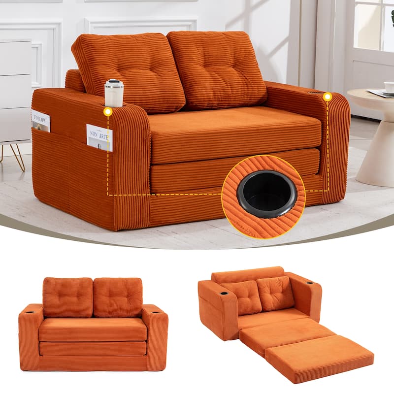 Convertible Sofa Bed, Expandable double Sofa Bed, 2 in 1 Convertible Sofa Bed, Fold Out Floor Couch with Pillows - Orange