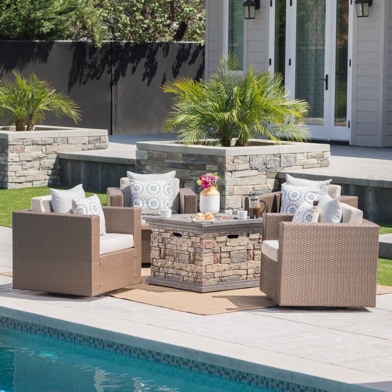 Puerta Outdoor 5-piece Wicker Chair and Square Stone Firepit Set by Christopher Knight Home