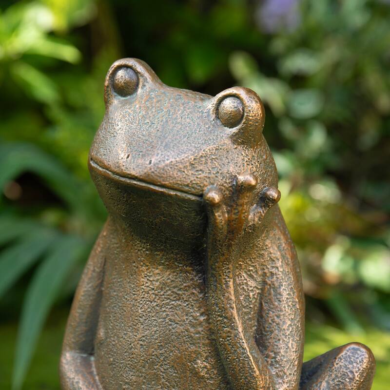Glitzhome 12''H Resin Bronze Squatting Sitting Frog Statue