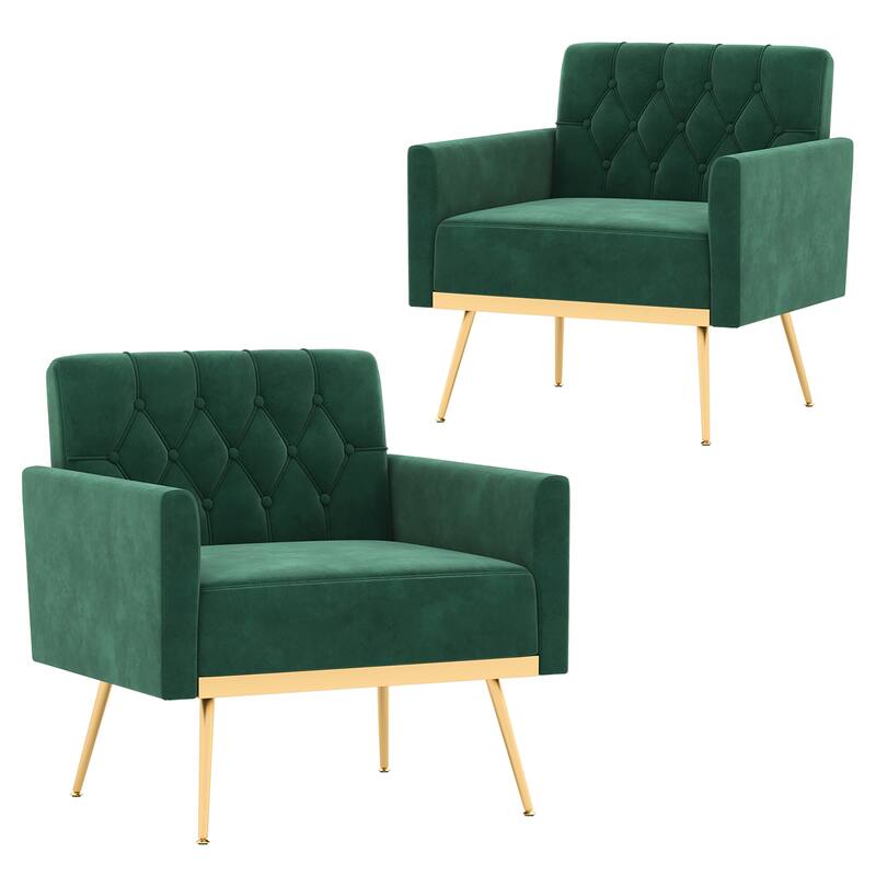 Gymax 2PCS Modern Velvet Accent Chair w/ Button Tufted Back Golden - Green