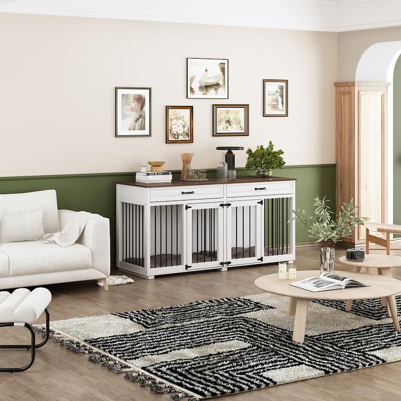 Furniture Style Dog Crate, 64.5 Inch Wooden Large Dog Kennel