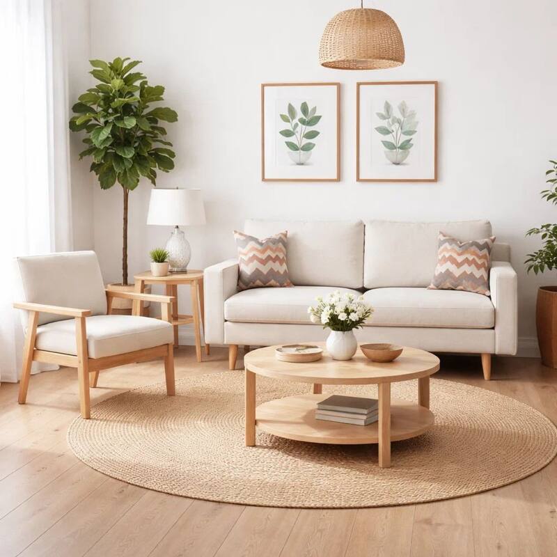 Gala 2 Piece Sofa and Chair Set, Ivory Fabric, 2 Pillows, Brown Wood Frame