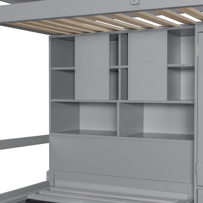 L-shaped Bunk Bed Twin Over Twin with Side Wardrobe and Under Drawers, Down Hydraulic Bed with Storage Shelves for Bedroom
