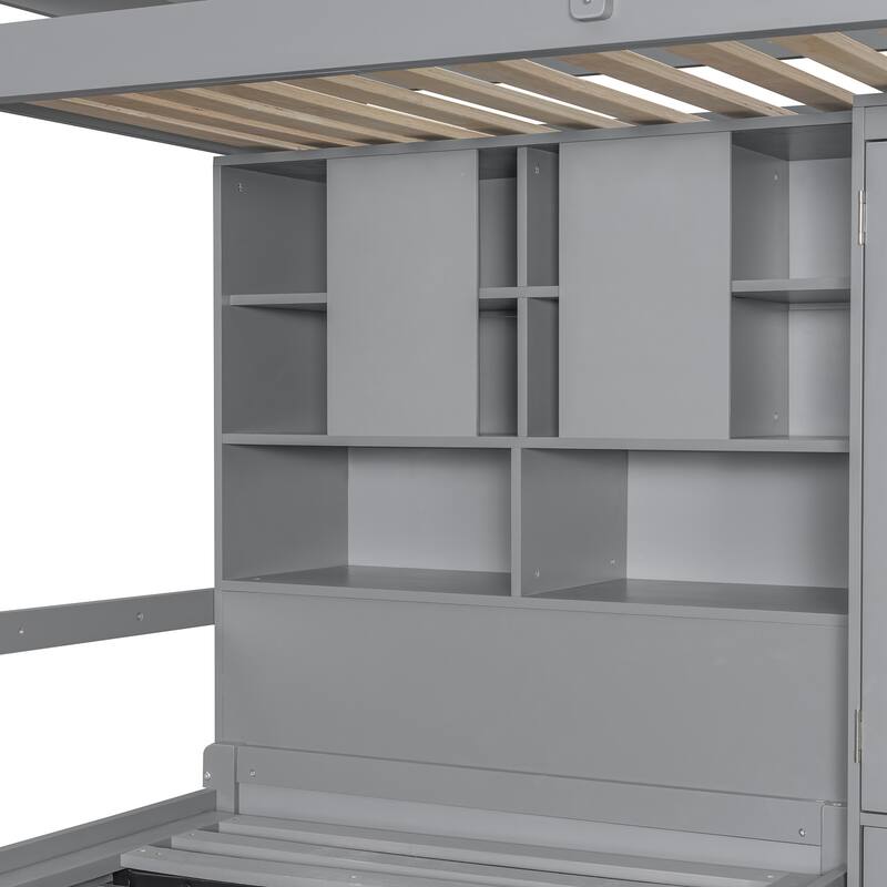 Roomfitters Twin Bunk Bed with Hydraulic Lift, Wardrobe, Storage Shelves and Drawers,