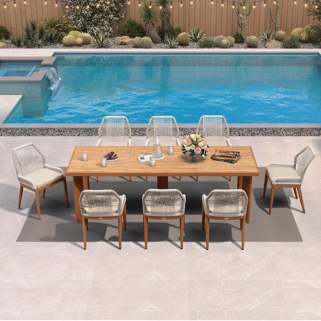 PURPLE LEAF Dining Set Patio Metal Rectangular Table and Wicker Rattan Chairs for Outside Porch Modern Outdoor Furniture Sets