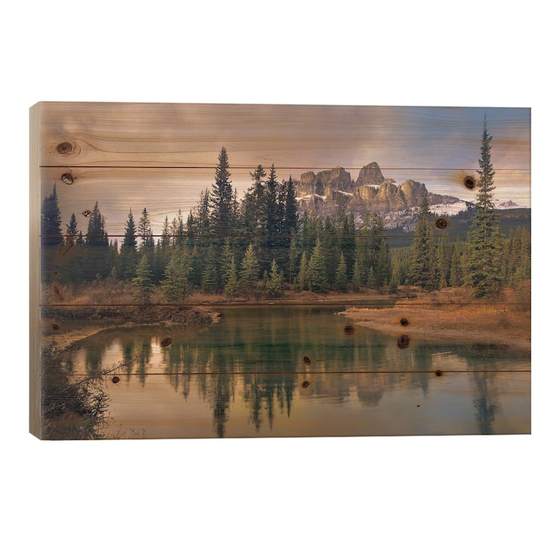 Castle Mountain And Boreal Forest Reflected In Lake, Alberta, Canada Print On Wood by Tim Fitzharris - Multi-Color - 26x40x1.5