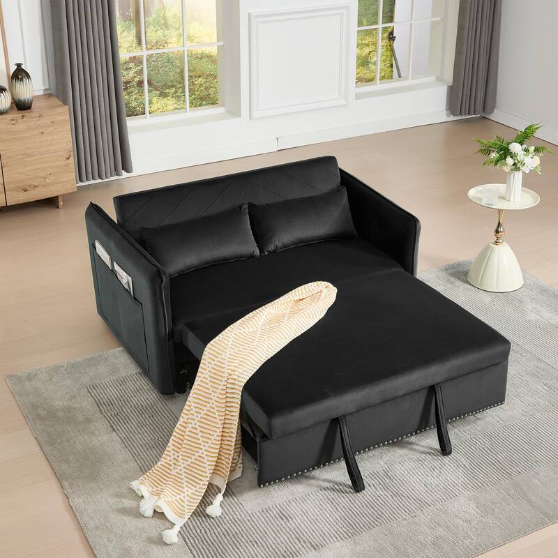 3 in 1 Convertible Sleeper Futon Sofa Bed, 55inch Velvet Loveseat with Reclining Backrest and Side Pockets