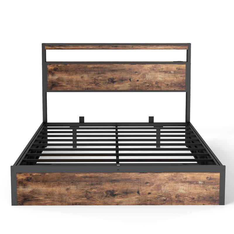 Rustic Brown Platform Bed Hydraulic Lift Storage Bed Frame, RGB LED Headboard with Charging Station, No Box Spring Needed