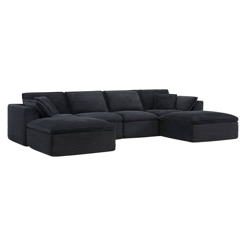 U Shaped Modular Sectional Sofa with Ottomans, Oversized Corduroy Upholstered Cloud Sofa, Fully Compressed 6 Seat Sofa