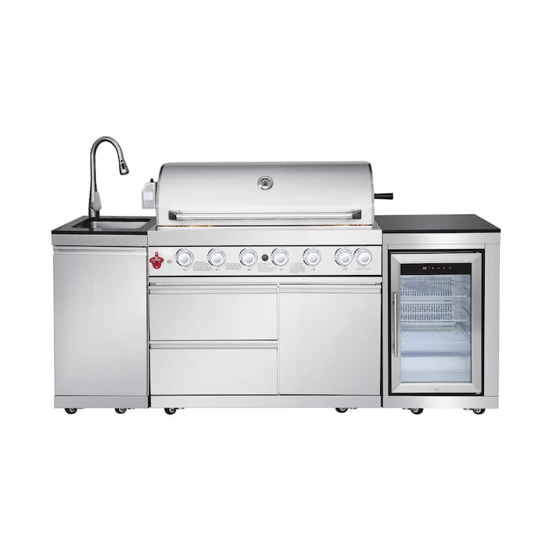 GDFStudio Kryvannon Stainless Steel Outdoor Kitchen Island Grill with 6 Burners and Compact Refrigerator - Silver - Propane Gas