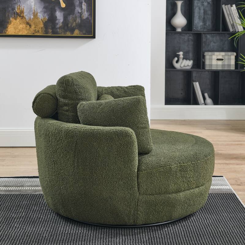 Oversized Teddy Fabric Swivel Barrel Chair with Moon Ottoman & 4 Pillows