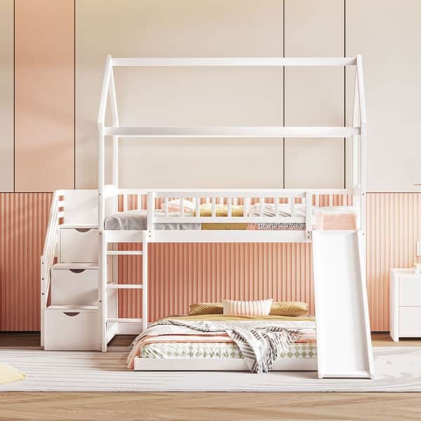 slide 2 of 22, Wooden Twin Over Twin House-shaped Bunk Bed with 2 Drawers, Slide and Staircase White