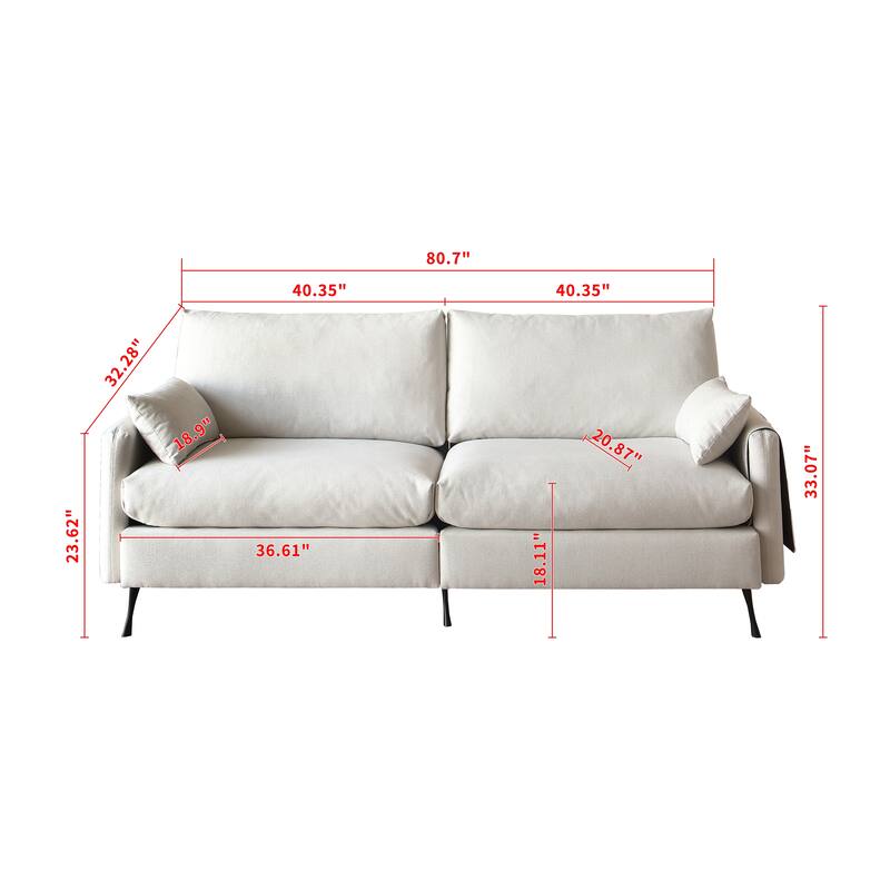3-Seater Cloud Couch with Armrest and Toss Pillows, White Fabric, 81x32x33 inches