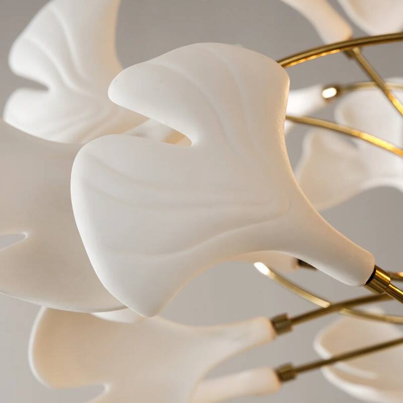 KAYLA Sputnik Chandelier - 23.6" Modern Gold Tree Branch Chandelier with Ceramic Ginkgo Leaves