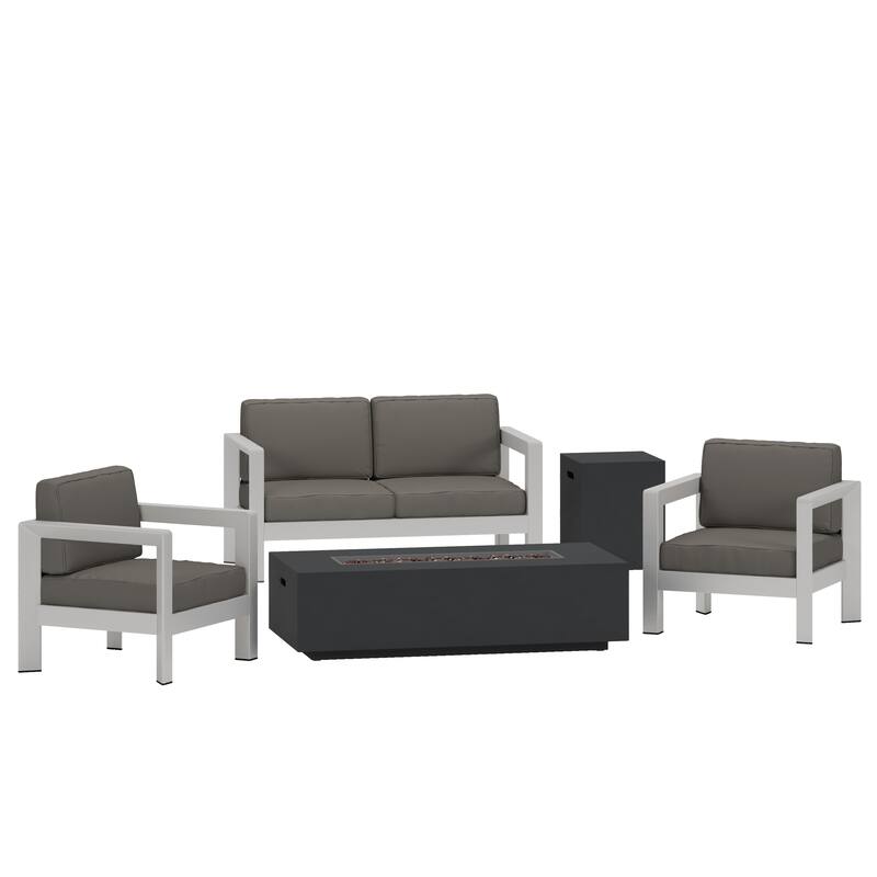 Aviara Outdoor 4-Seater Aluminum Chat Set with Fire Pit and Tank Holder by Christopher Knight Home