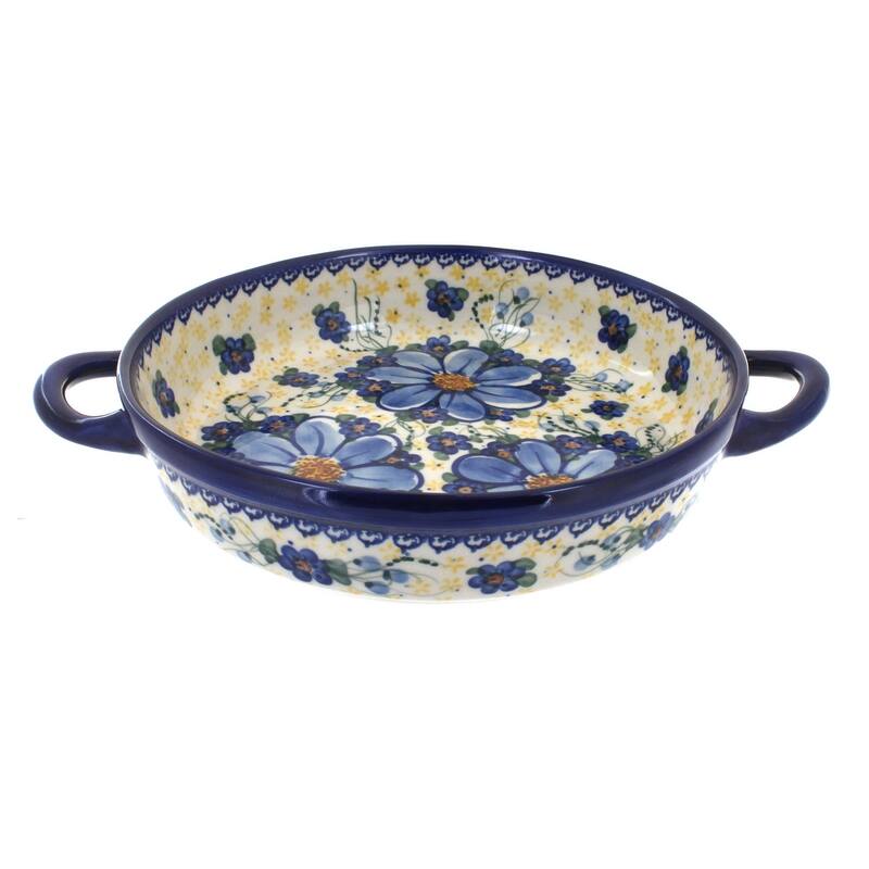 Blue Rose Polish Pottery 152 Vena Small Round Baker with Handles - Daisy Surprise