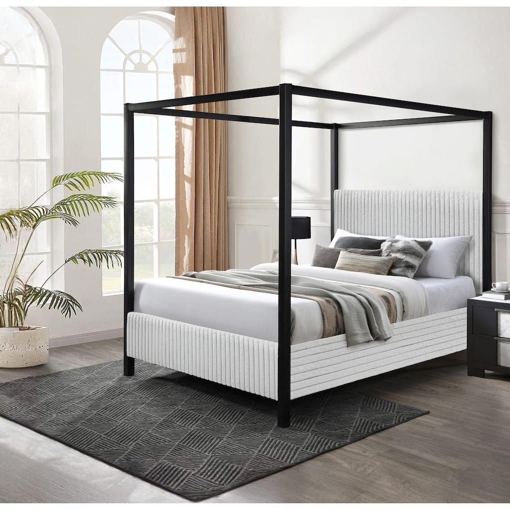 Modern Canopy Queen Bed with Upholstered Headboard, Light Gray