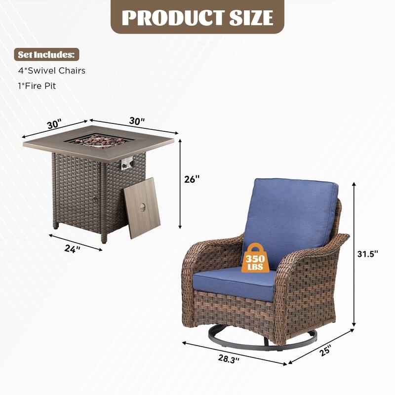 Cavira 5-Piece Brown Wicker Patio Fire Pit Set with 4 Swivel Glider Chairs