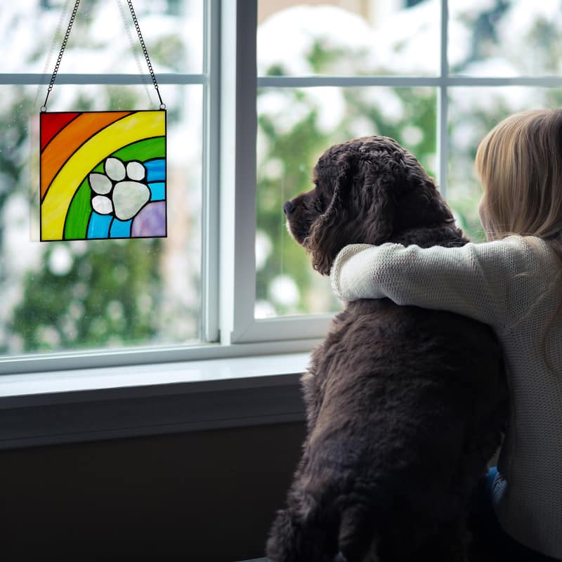 River of Goods 7-Inch Rainbow Paw Print Stained Glass Window Panel - 7" x 0.25" x 7"