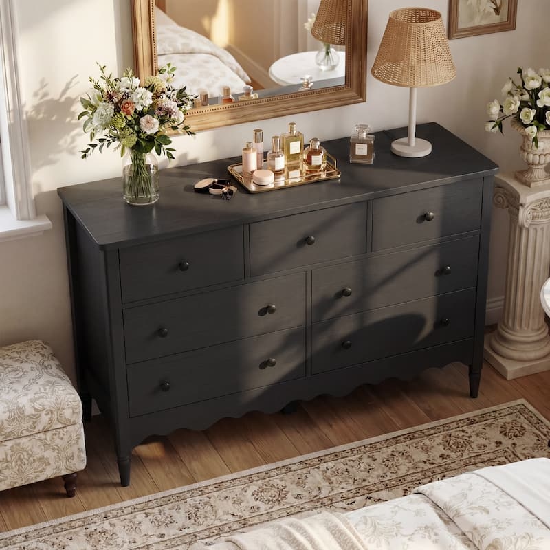 Narill Wave-Inspired 7-Drawer Dresser, 47-In Bedroom Chest of Drawers - Black
