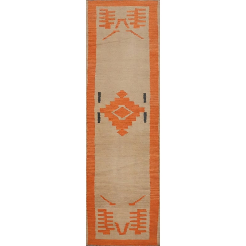 Hand Woven Oriental 100% Wool Carpet Southwestern Tribal Brown Kilim Runner Rug - 8' 2'' X 2' 0''