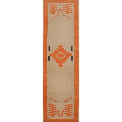 Hand Woven Oriental 100% Wool Carpet Southwestern Tribal Brown Kilim Runner Rug - 8' 2'' X 2' 0''