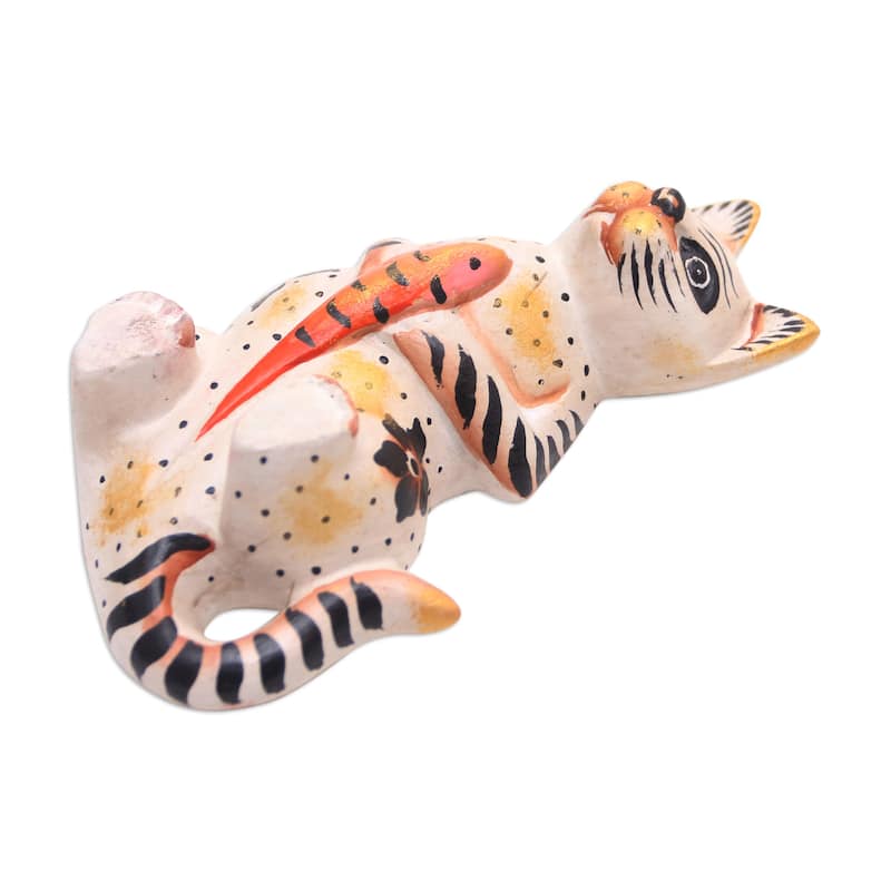 Novica Handmade Cat And Koi Wood Statuette